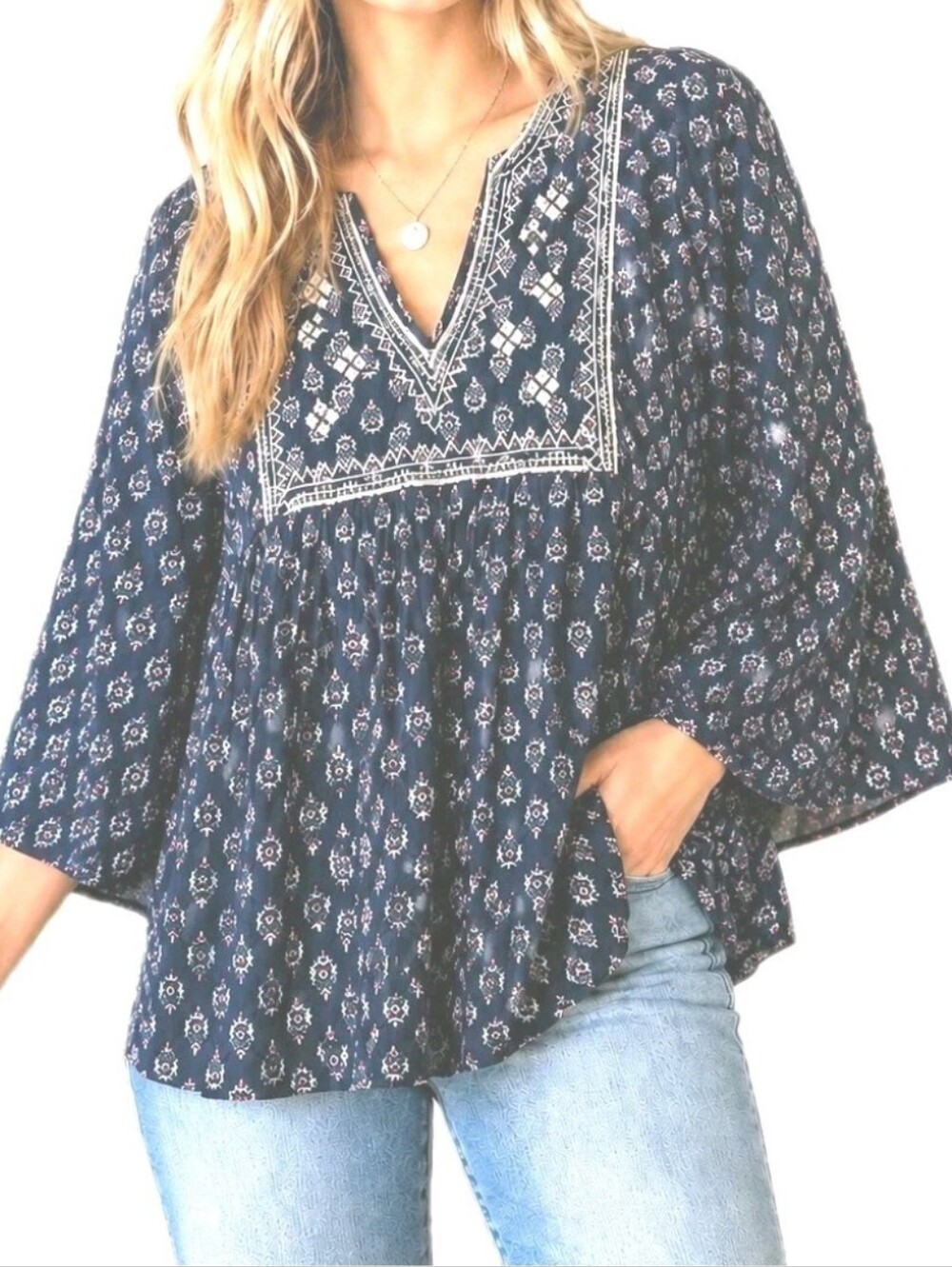 Rd Koko XL Boho Floral Print Embroidery Babydoll Tunic Woman's Top